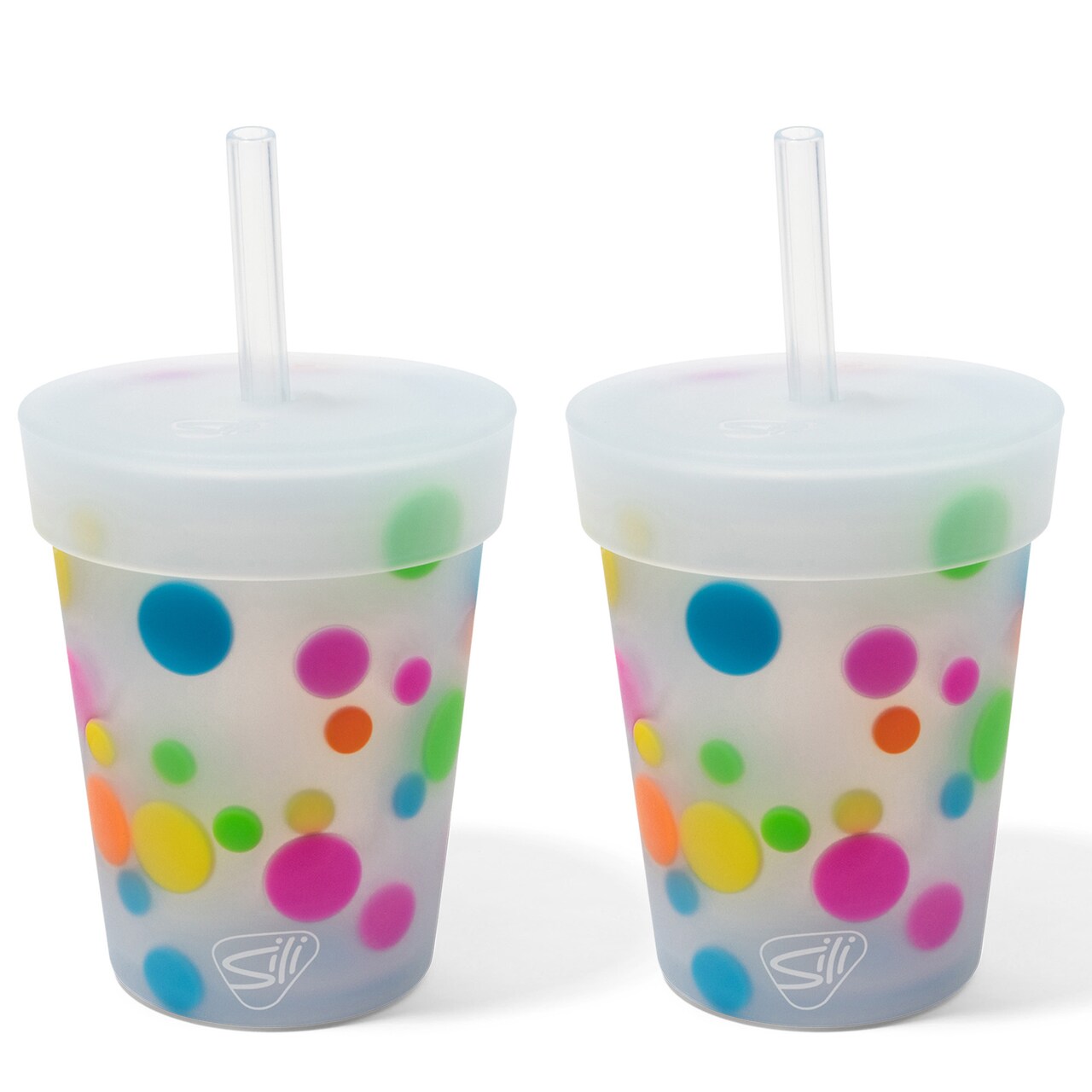 Silipint: Kids Straw Tumblers 8oz: 2 Pack - Polka Dots - Silicone Unbreakable Cups w/ No Leak Lids, Hot & Cold, Dishwasher-Microwave-Freezer-Oven Safe